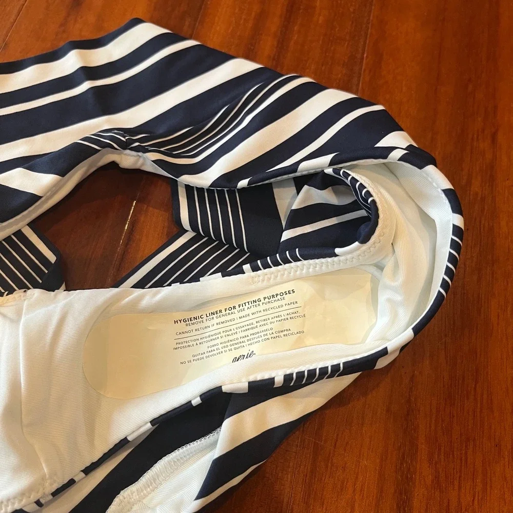Aerie Stripe Bikini Swim Bottoms High Cut Cheeky Navy Blue White New Size Medium